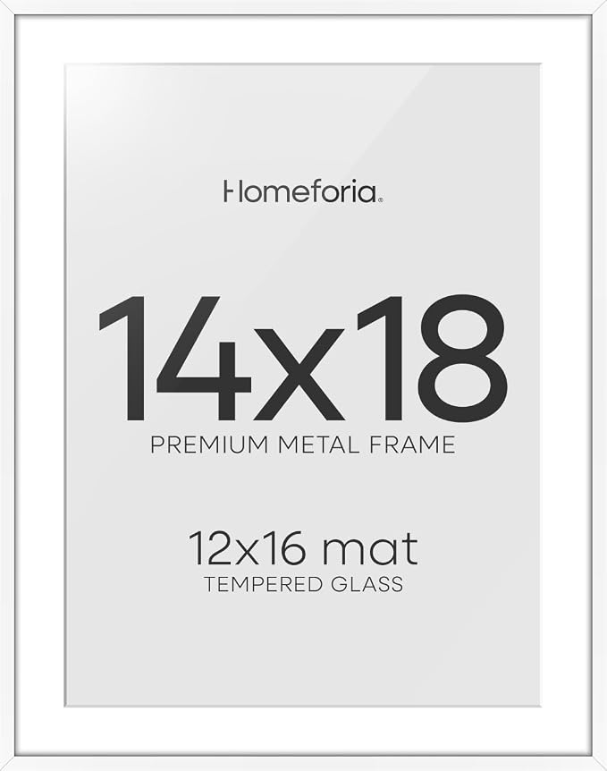 Homeforia 14x18 White Picture Frame, High-End Metal, 12x16 Mat, Glass