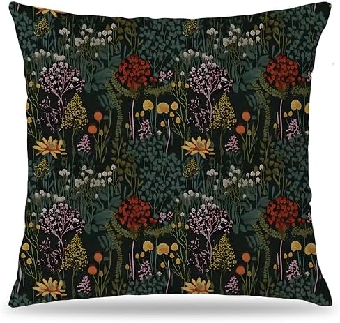 Maximalist Whimsical Botanical Pillow Covers 18x18 Double-Sided, Plant Room Decor, Dark Cottagecore Rustic Forest Colorful Wildflower Plants Decorative Throw Pillow Covers