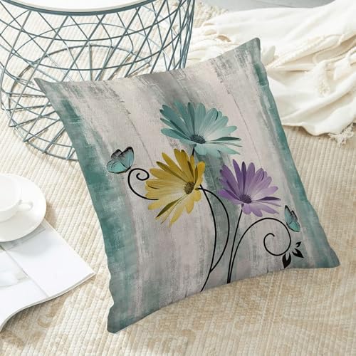 Turquoise Yellow Purple Floral Pillow Covers 18 x 18 Inch Set of 2 Daisy Floral Butterfly Decorative Throw Pillow Covers Linen Rustic Farmhouse Cushion Cases for Home Sofa Couch Living Room Decor