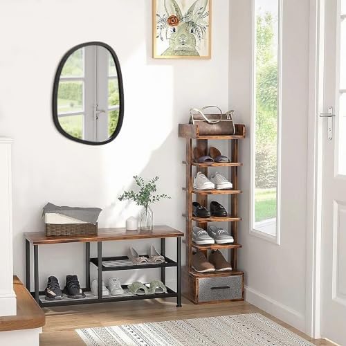 Irregular Wood Frame Mirror for Wall Asymmetrical Oval Wall Mirrors Unique Shape Modern Wall Mounted Vanity Artistic for Bathroom Bedroom Living Room Entryway Decorative