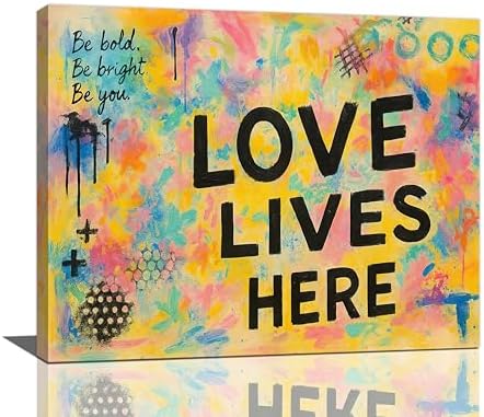 Crekviy Banksy Wall Art Street Graffti Wall Decor Romantic Love Canvas Prints Painting Love Lives Here Artwork Decorations for Bathroom Bedroom Living Room Framed Gifts 16"x20"