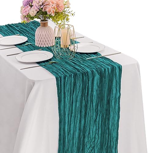 Teal 10FT Cheesecloth Table Runner Boho Gauze Fabric Table Runner Rustic Sheer Runner for Wedding Bridal Baby Shower Birthday Party Boho Table Decor（1 Pack Teal）