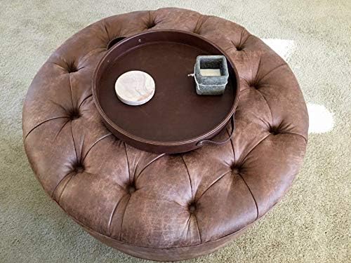 HofferRuffer Top Nocth PU Leather Round Serving Tray, Decorative Serving Tray with Handles, Coffee Tray, Ottoman Tray for Home Or Office, Diameter 14.6-inch, Brown