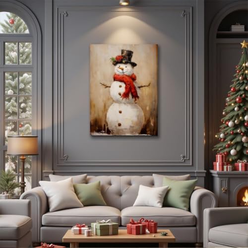 Rustic Snowman Christmas Wall Art 20x30in, Framed Christmas Pictures for Bedroom & Bathroom Wall Decorations, Farmhouse Winter Scene Painting Canvas Prints for Living Room