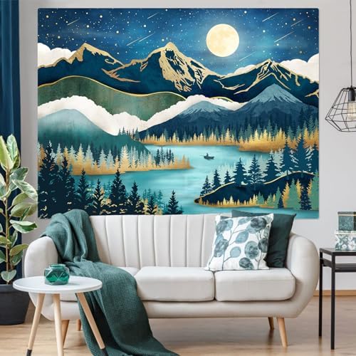 Accnicc Mountain Tapestry Nature Forest Tree Tapestries for Bedroom Aesthetic Starry Night Moon Stars Tapestrys Wall Hanging Teal Abstract Wall Tapestry for Dorm Living Room (Teal, 48'' × 36'')