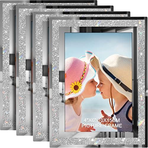4x6 Picture Frames Set of 4, Glitter Glass Photo Frame for Tabletop Display, Gift Picture Frame, Horizontally or Vertically