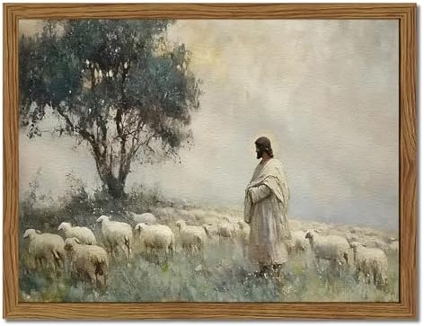 Jesus Leaves the 99 Sheep Wall Art, Frame 3D Textured Hand Drawn Sandstone Christian Wall Decor Paintings, Lost Lamb Religious Artwork for Living Prayer Room Bedroom 12x16 inch Framed