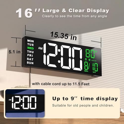 JALL 16" Large Digital Wall Clock with Remote, Back to School Classroom, Gift for Student Teacher, Big LED for Seniors, Auto Dimming, 8 RGB Colors, Night Light, Timer, Temperature for Living Room