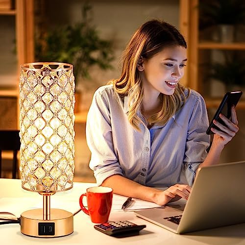 Hong-in Gold Crystal Touch Lamp for Bedroom with USB-C/A, Bulb Included