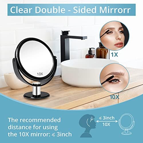 Magnifying Makeup Double Sided Mirror 1x 10x Magnification Desk Mirror 6'' | Fabuday Tabletop Magnified Mirror with Stand, Two Side Cosmetic Vanity Acrylic Mirror, 360° Rotation, Black