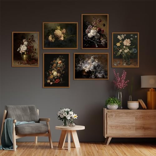 Joocrise Moody Floral Wall Art Painting Set of 6 Dark Academia Wall Decor Vintage Botanical Canvas Wall Art Victorian Flower Art Pictures Vintage Floral Prints for Room Bedroom 12x16 Inch Unframed