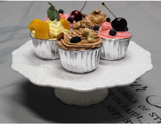 Round White Ceramic Cake Stand 8 Inch, Decorative Cupcake Stand, Dessert Display Plates for Snacks and Cookies, Baby Shower, Birthday, Wedding Party Decor