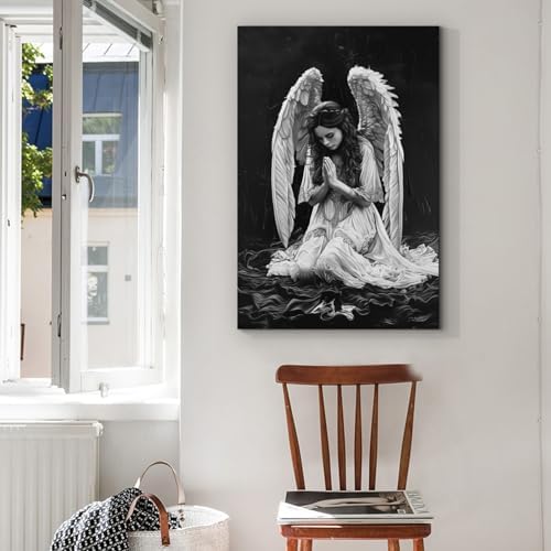 YONICA White Angel Wings Canvas Wall Art Modern Black and White Pictures Praying Woman Wall Art Dark Abstract Angel Painting Aesthetic Woman Artwork 12"x16"(30x40cm)