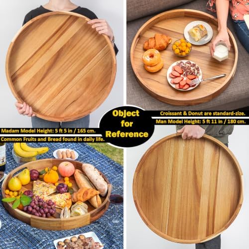 Wooden Serving Tray with Handles 22 Inch Extra Large Round Ottoman Tray Acacia Large Wood Trays for Ottoman Coffee Table Tray Decorative Trays for Living Room Wooden Trays for Food