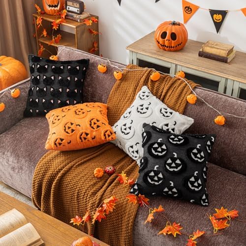 Black Halloween Pumpkin Fall Throw Pillow Covers 20"x20" Set of 2 Soft Faux Fur Ghost Pillow Covers for Couch Sofa Bed, Cute Autumn Farmhouse Cushion Case for Holiday Home Living Room Decor