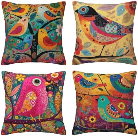 Colorful Bird Throw Pillow Covers Set of 4 Decorative Soft Double Sided Print Pillow Case Farmhouse Home Decor for Living Room Sofa Couch 18x18