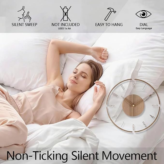 Modern Minimalist Wooden Wall Clock - Silent Non-Ticking Battery Operated Wall Clock for Living Room Bedroom Kitchen Office Decor, 12 Inch Large Wall Clock with Sleek Open Frame Design