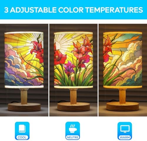 Gladiola Flower Table Lamp LED 3-Color Pressed Bedside, Gladiola Flower Shade Lamp with Wood Base for Bedroom Living Room Desk Office TL01