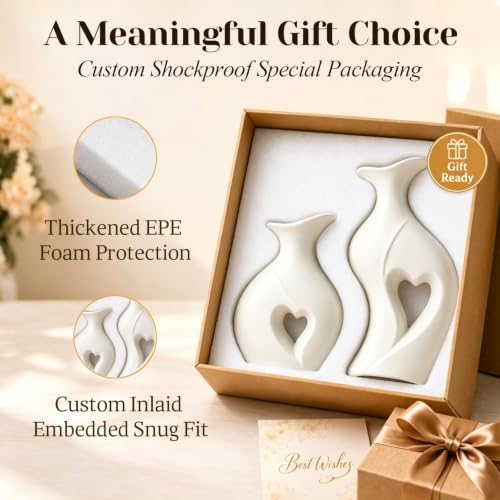 Heart Shaped Flower Vase Set Wabi Sabi Boho Ceramic Vases (White) | Coffee Table Vase, Couples Wedding Gifts, Decorative Vases, Home Decor Vase for Pottery Engagement Living Room Dining Shelf