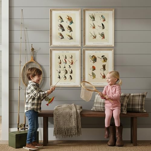 DREAM BIG PRINTABLES Vintage Fly Fishing Art Prints (Set of 4) - Unframed - 11x14 | Fishing Lure Wall Decor for Fisherman