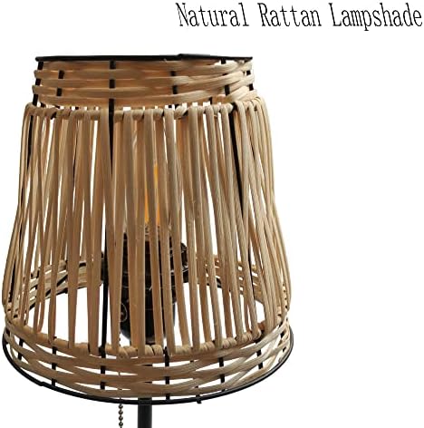 Handmade Bohemian Rattan Bedroom Small Table Lamp,with White Rattan Lamp Shade (Natural Vine Color) with Pull Chain Lamp Holder,E26 Bulb Included