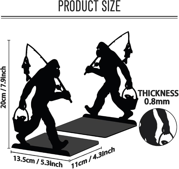 WADORN Bigfoot Fishing Metal Decorative Bookend for Shelves 1 Pair, Heavy Duty Book Ends Unique Non-Skid Books Holder Stand Black Book Support Stoppers for Desk Bookshelf Office Home, 5.3x4.3x7.9 Inch