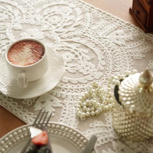 Coffee Table Runner Embroidered Boho Dresser Scarf, Beige 14"x38"