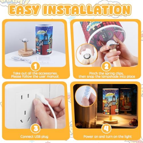 City Table Lamp for Kids Bedroom, 3-Way Dimmable Bedside Lamp with Wooden Base and Fabric Shade, Comic Book Night Light for Boys Room Decor, Cartoon Skyline Lamp for Nursery Playroom