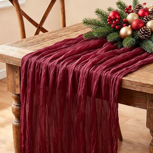 3Pcs Burgundy Table Runner, 10FT Boho Rustic Burgundy Maroon Table Runner 120inch Cheese Cloth Red Runner for Wedding Christmas Birthday Holiday Party Decorations