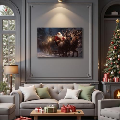 Santa Claus Framed Christmas Wall Art 12x18in, Festive Holiday Wall Decor for Office, Winter Reindeer Canvas Art Print, Farmhouse Christmas Pictures for Living Room Indoor Decorations