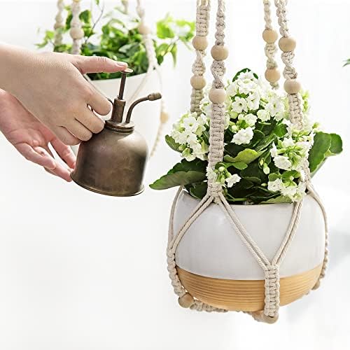 Mkono Macrame Plant Hanger Indoor 35 Inch Hanging Planter Basket Ivory 3Pcs