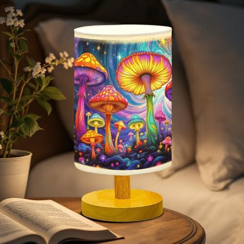 Psychedelic Mushrooms Table Lamp LED 3-Color Pressed Bedside, Psychedelic Mushrooms Shade Lamp with Wood Base for Bedroom Living Room Desk Office TL01