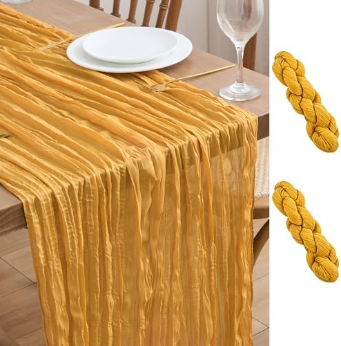 Asee'm 2pcs Gold Yellow Cheesecloth Table Runner Summer 10FT Rustic Gauze