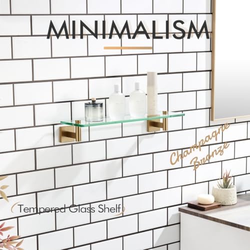 KOKOSIRI Wall Shelves Bathroom Hardware Tempered Glass Floating Shelf Hanging Rack Storage/Room Decor 20-Inch Champagne Bronze 2 Pack B1105CPG-L20-P2