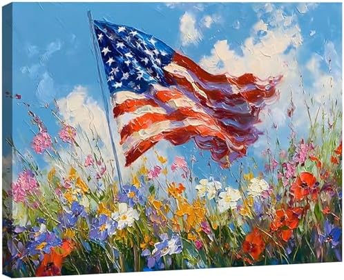 RIBNTAK Made in USA 4th of July Canvas Print Wall Art, Impressionist American Flag & Wildflowers Painting Artwork for Living Room, Patriotic Independence Day Pictures, Americana Home Decor