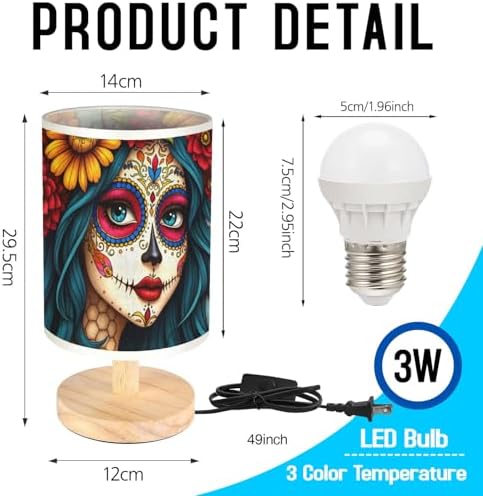 Sugar Skull Girl Table Lamp LED 3-Color Pressed Bedside, Sugar Skull Girl Shade Lamp with Wood Base for Bedroom Living Room Desk Office TL01