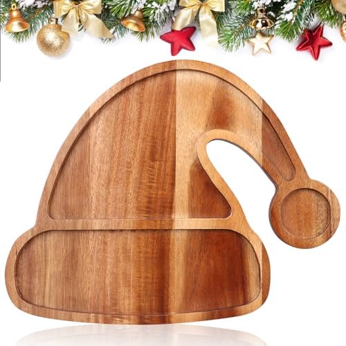 Acacia Wood Christmas Hat Tray - Decorative Serving Platter, Festive Plate, Xmas Dish & Wooden Charcuterie Board for Holiday Gift, Cheese, Fruit, Veggie & Cookie, Food, Snack, 14” x 11”