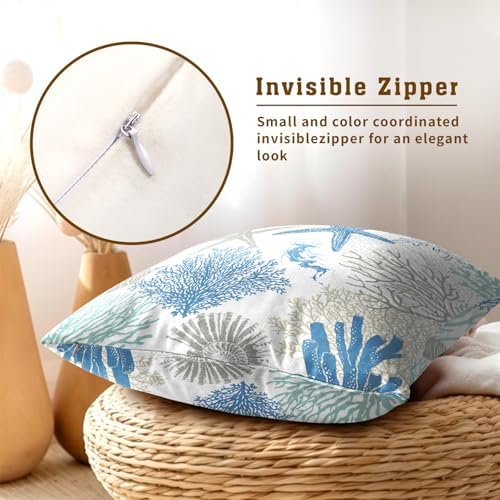 Coastal Nautical Throw Pillow Cover 20x20 inch Set of 2 Beach Themed Sea Coral Nautical Blue Pillowcases Ocean Summer Cotton Cushion Covers for Bed Sofa Room Decor