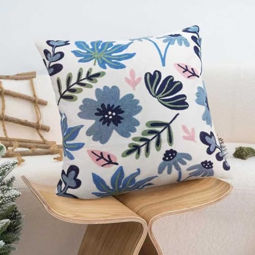 Embroidered Floral Boho Throw Pillow Cover 18x18 Inch - Decorative Cotton Pillow Case for Couch, Sofa, Bedroom, Living Room - Farmhouse Home Aesthetic Housewarming Gifts (Blue Serenity, 18" x 18")