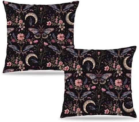 Gothic Moth Butterfly Pillow Covers 18x18 Set of 2, Dark Academia Witchy Moon Celestial Pillow Covers for Couch, Gothic Home Decor,Witchy Decor Aesthetic,Witchy Dark Cottagecore Room Decor