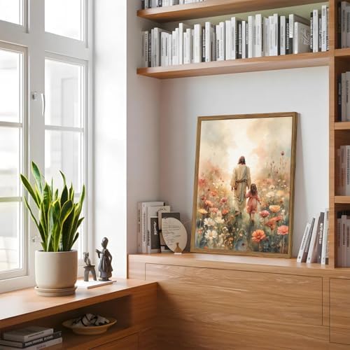 Jesus and the Girl Wall Art, Religious Jesus Painting Wall Decor Christ our Savior 3D Textured Hand Drawn Sandstone Christian Artwork for Living Prayer Room Bedroom 12x16 inch Wood Framed