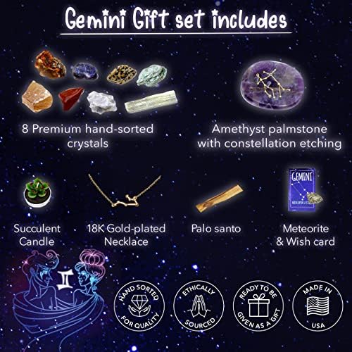 DANCING BEAR Gemini Zodiac Healing Crystals Gift Set (14 Pc): 9 Stones, 18K Gold-Plated Constellation Necklace, Meteorite, Succulent Candle, Palo Santo Smudge Stick, and Info Guide, Made in The USA