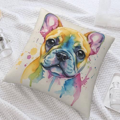 Watercolor Colorful French Bulldog Pillow Cover