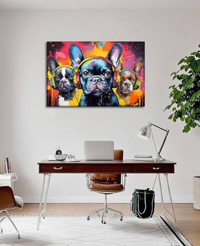 Boston Terrier Wall Art Dog Decor Graffiti Canvas Prints Funny Dog Listen To Music Prints Modern Pop Artwork For Living Room Home Office Game Room - 20.00"x30.00"