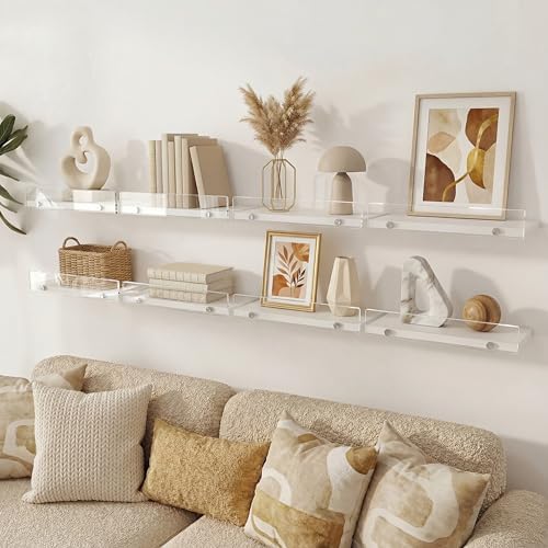 3-Pack Floating Shelves with Acrylic Anti-Fall Lip, Modern Wall Mounted Display Ledges for Bedroom, Bathroom Kitchen, Heavy-Duty Decor Storage Racks, Easy 5-Minute Install,15-inch Clear Sleek Design