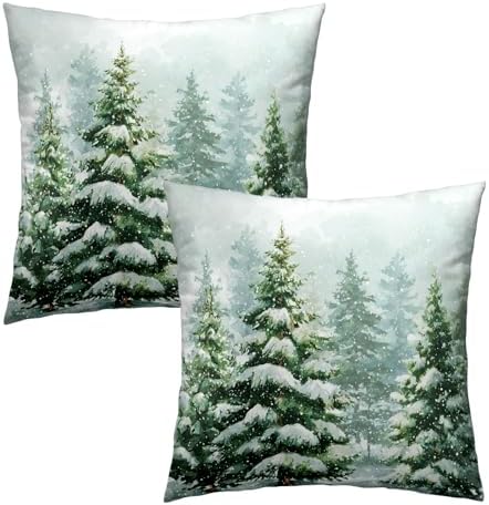 2 Packs Winter Snowy Pine Tree Throw Pillow Covers 24x24 inch for Christma Snow Forest Snowflakes Decorative Cushion Cases Winter Atmosphere Holiday Pillowcase for Home Sofa Patio