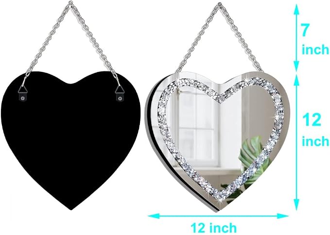 DMDFIRST Heart Shaped Silver Glass Mirror 2 Pack 12x12inch Crystal Crush Diamond Decor Chain Mirror for Wall Decoration