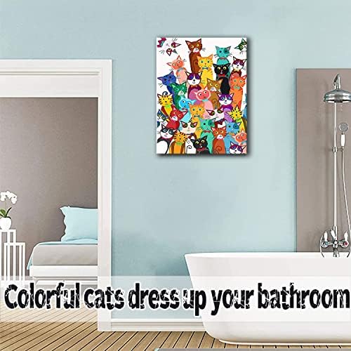 Funny Colorful Cat Bathroom Wall Art, Cute Cartoon Kitty Canvas Print | Framed Cat Poster Palyful Animal Picture Wall Decor for Bathroom Kids Bedroom Nursery Playroom 12x16 Inches