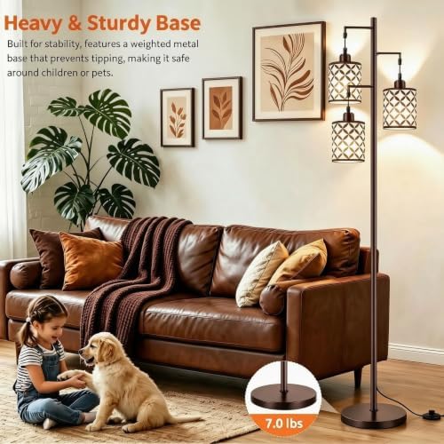 72" Dimmable Floor Lamp with Remote & Timer, Industrial Farmhouse Rustic Standing Lamp for Living Room Bedroom, 3 Individually Controlled Heads, 2 Height Options, 3 x LED Bulbs Included