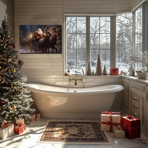 Santa Claus Framed Christmas Wall Art 12x18in, Festive Holiday Wall Decor for Office, Winter Reindeer Canvas Art Print, Farmhouse Christmas Pictures for Living Room Indoor Decorations